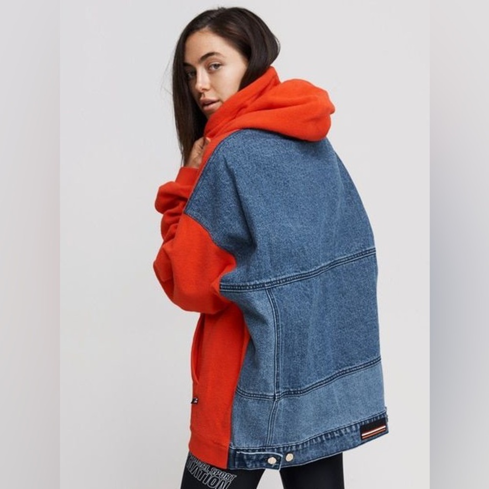 PE Nation Red Fleece & Denim Two-Toned Hoodie